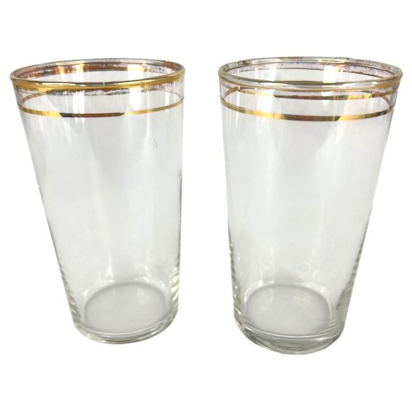 Set Of 4 Vintage Gold Rimmed Clear Glass Tumblers 8 Ounce Barware Drinking Glass - Picture 2 of 9